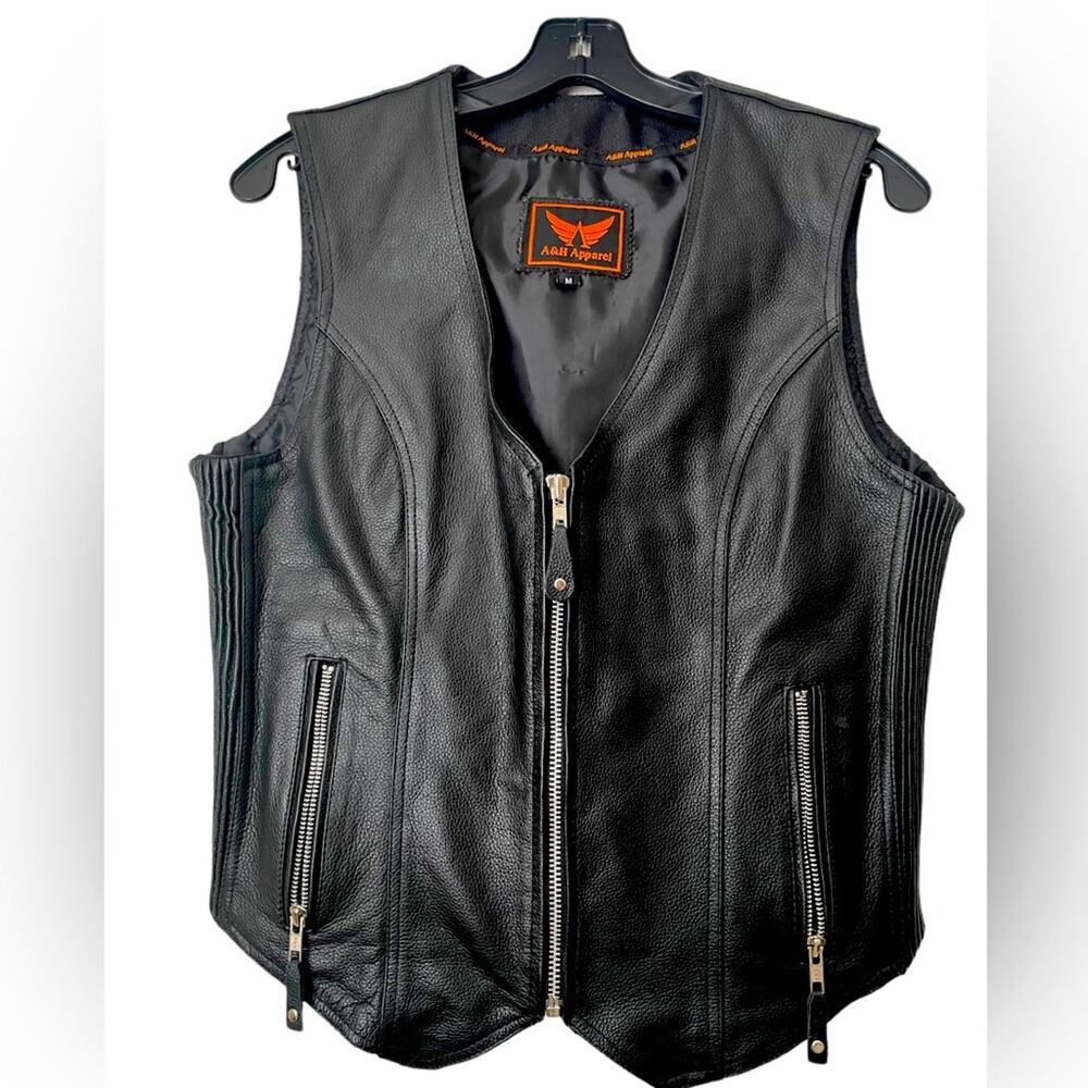A&H Apparel Vest Womens Medium Moto Biker Leather Full Zip Lined Black